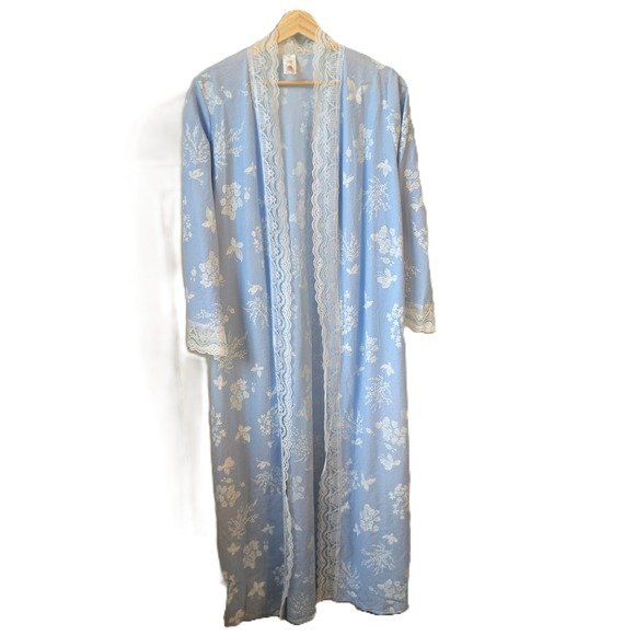 Other - Vintage 60s Robe Womens Large Light Blue Floral Butterfly Lace Duster Peignoir‎